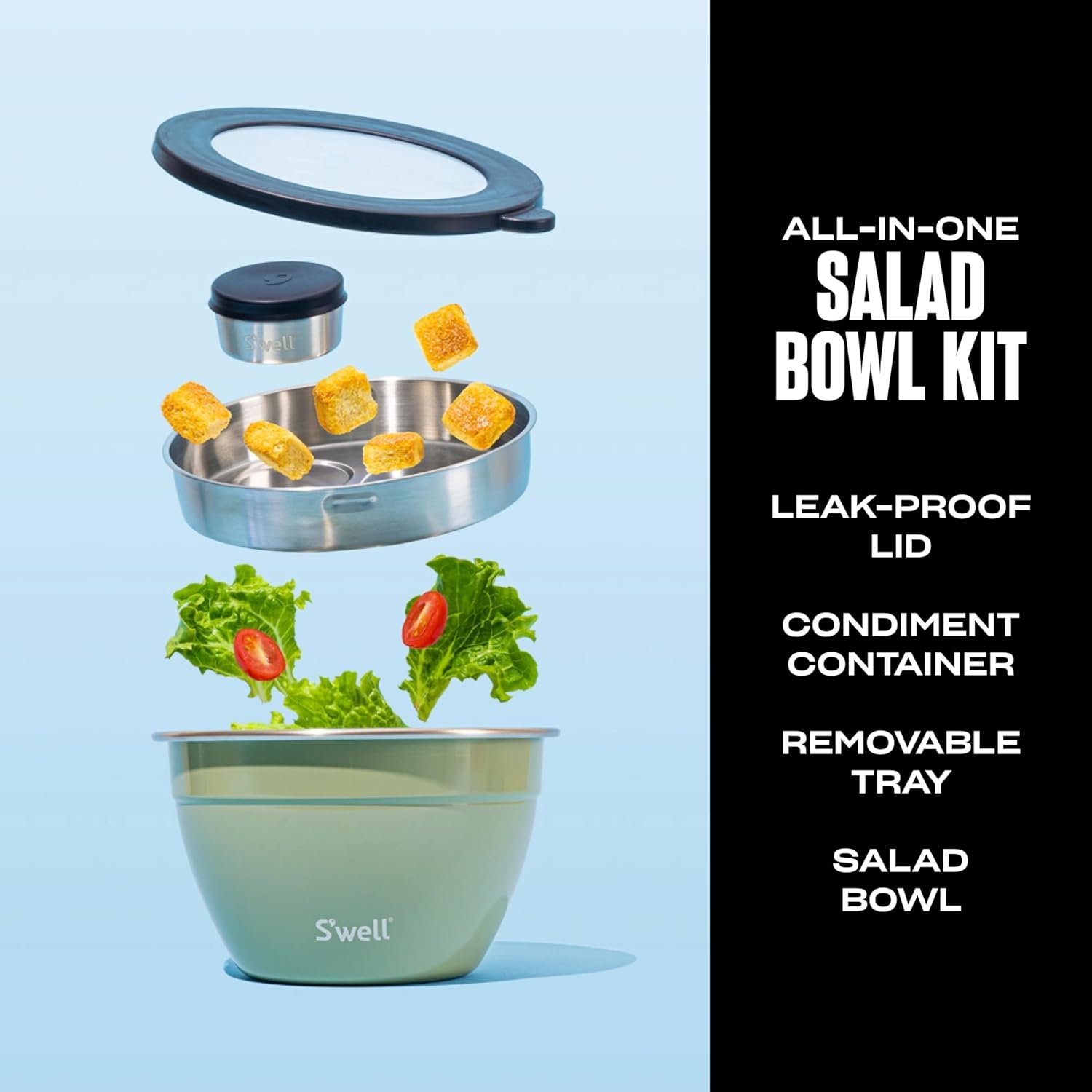 S'well Stainless Steel Salad Bowl Kit 64oz, Mountain Sage, Comes with 2oz Mini Canister and Removable Tray for Organization, Leakproof, Easy to Clean, Dishwasher Safe1