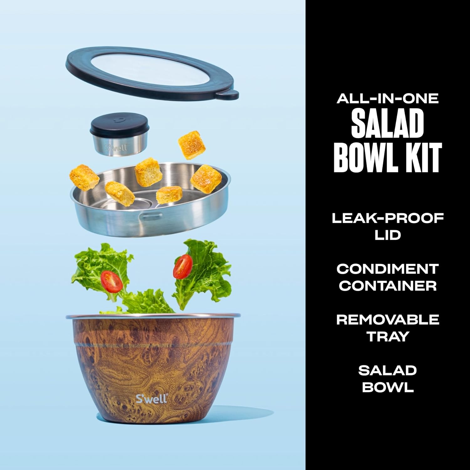 S'well Stainless Steel Salad Bowl Kit - 64oz, Teakwood - Comes with 2oz Condiment Container and Removable Tray for Organization - Leak-Proof, Easy to Clean, Dishwasher Safe1