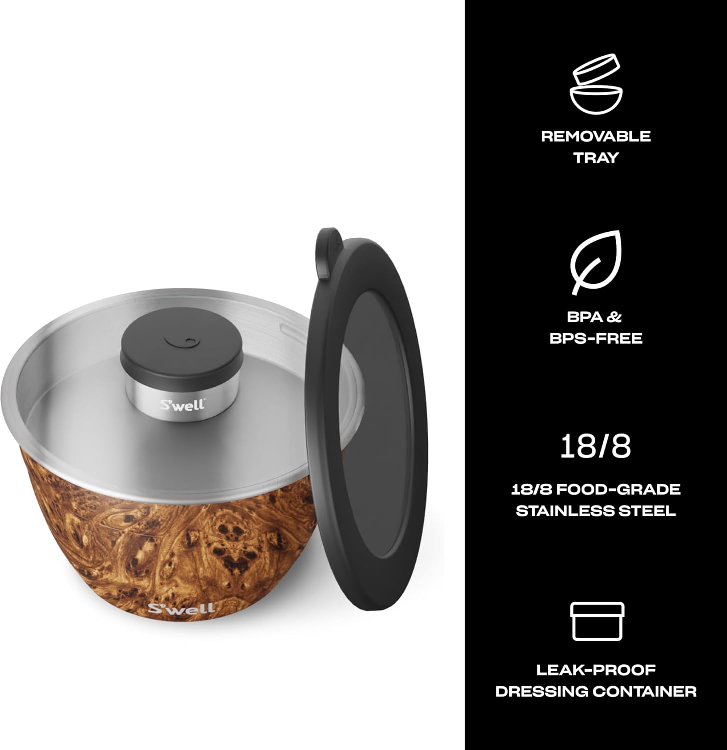 S'well Stainless Steel Salad Bowl Kit - 64oz, Teakwood - Comes with 2oz Condiment Container and Removable Tray for Organization - Leak-Proof, Easy to Clean, Dishwasher Safe43