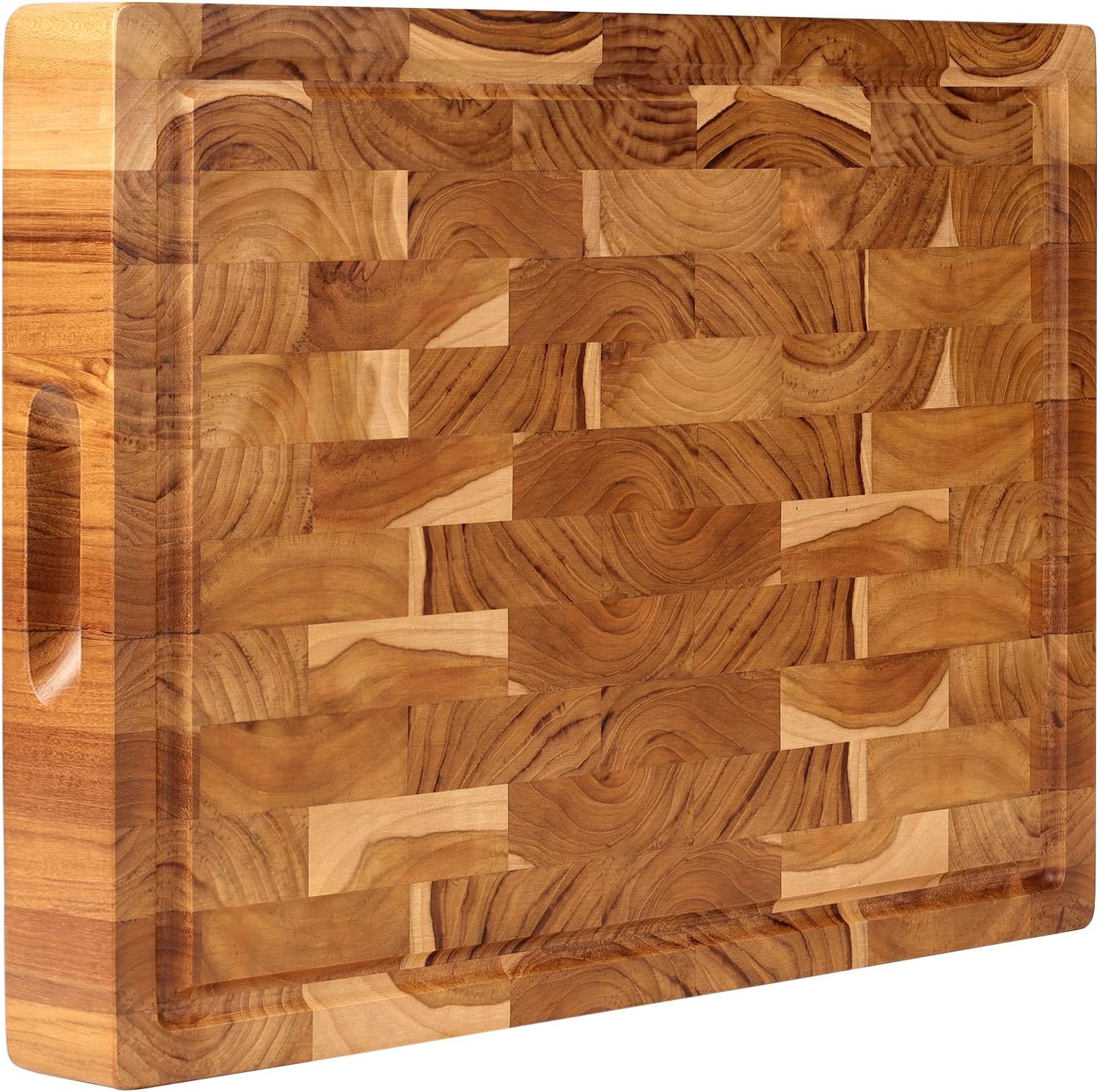 Teak Wooden Cutting Board (17x13x1.5in) End Grain Cutting Board, Butcher Block, Chopping Board - Reversible Multipurpose For Kitchen with Juice Groove & Inner Handles with Gift Box Included Teak Wooden Cutting Board (17x13x1.5in) End Grain Cutting Board, Butcher Block, Chopping Board - Reversible Multipurpose For Kitchen with Juice Groove & Inner Handles with Gift Box Included