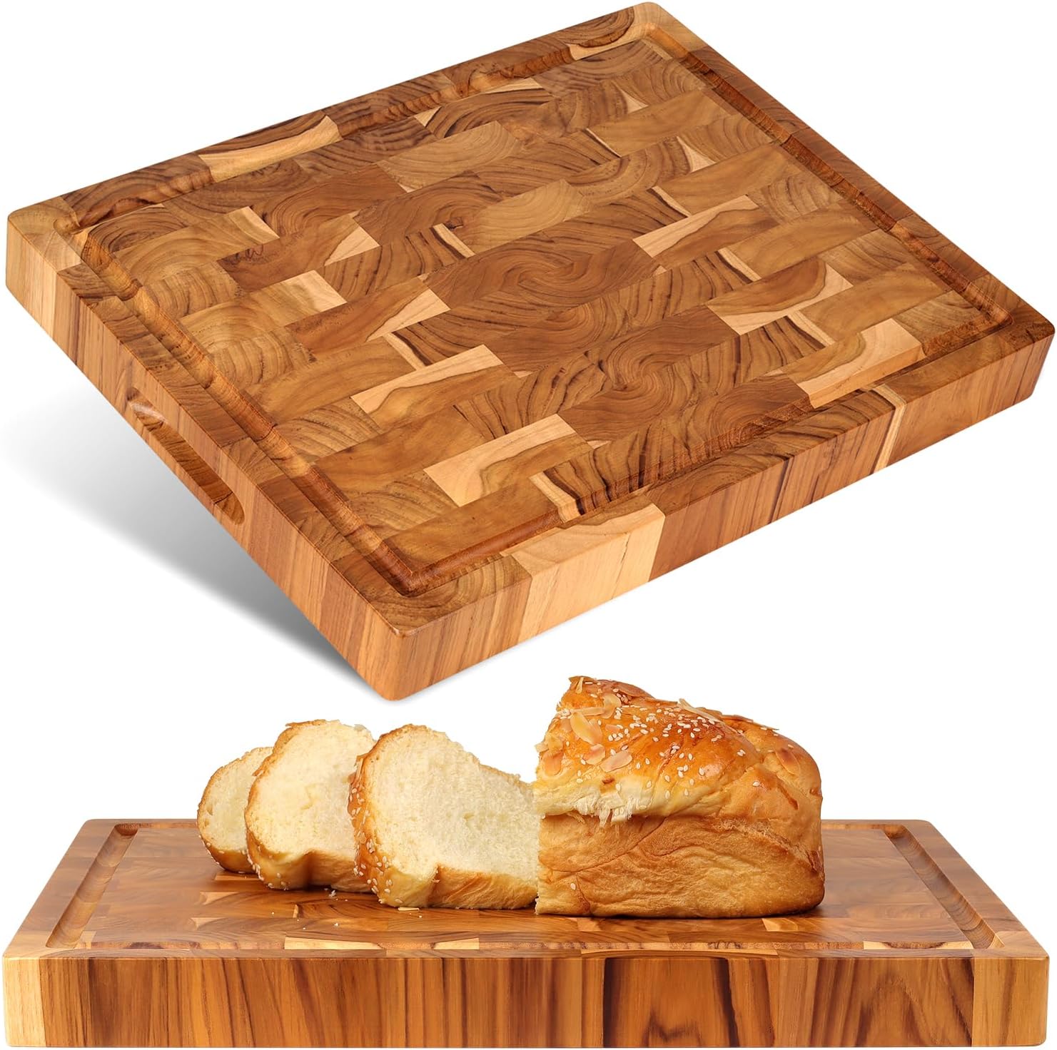 Teak Wooden Cutting Board (17x13x1.5in) End Grain Cutting Board, Butcher Block, Chopping Board - Reversible Multipurpose For Kitchen with Juice Groove & Inner Handles with Gift Box Included0