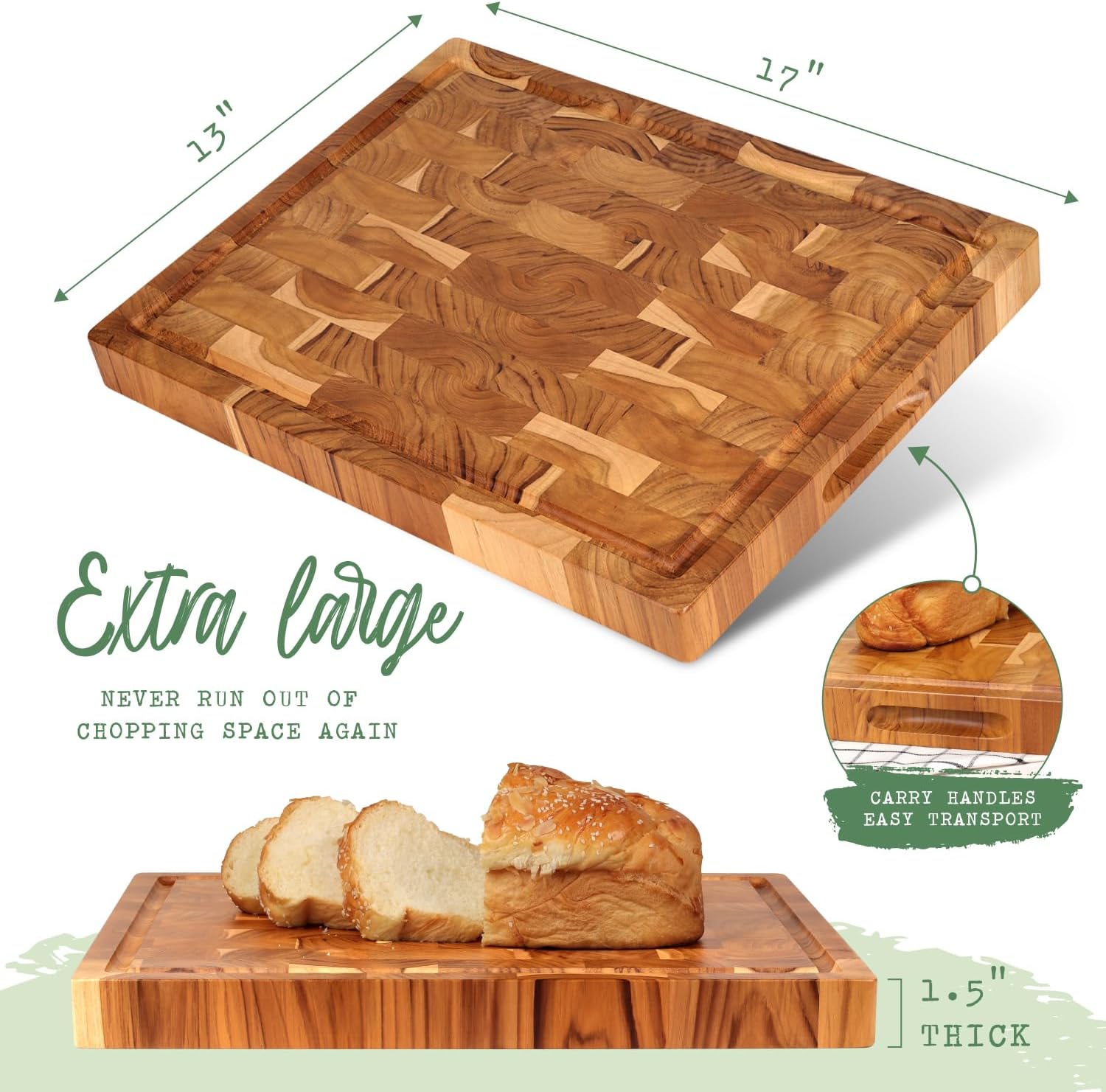 Teak Wooden Cutting Board (17x13x1.5in) End Grain Cutting Board, Butcher Block, Chopping Board - Reversible Multipurpose For Kitchen with Juice Groove & Inner Handles with Gift Box Included1