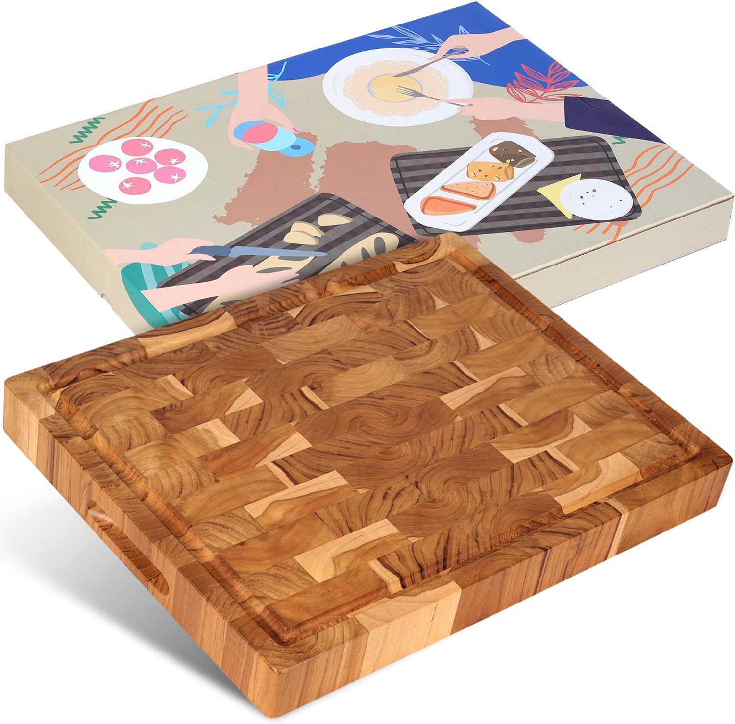 Teak Wooden Cutting Board (17x13x1.5in) End Grain Cutting Board, Butcher Block, Chopping Board - Reversible Multipurpose For Kitchen with Juice Groove & Inner Handles with Gift Box Included11