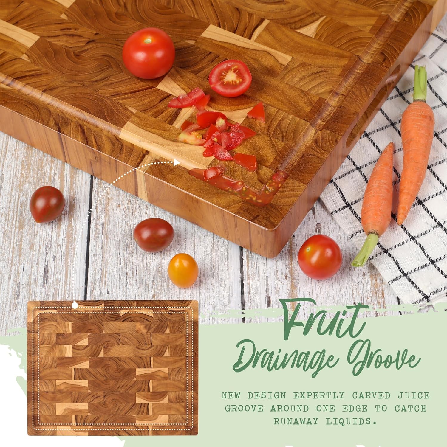 Teak Wooden Cutting Board (17x13x1.5in) End Grain Cutting Board, Butcher Block, Chopping Board - Reversible Multipurpose For Kitchen with Juice Groove & Inner Handles with Gift Box Included3