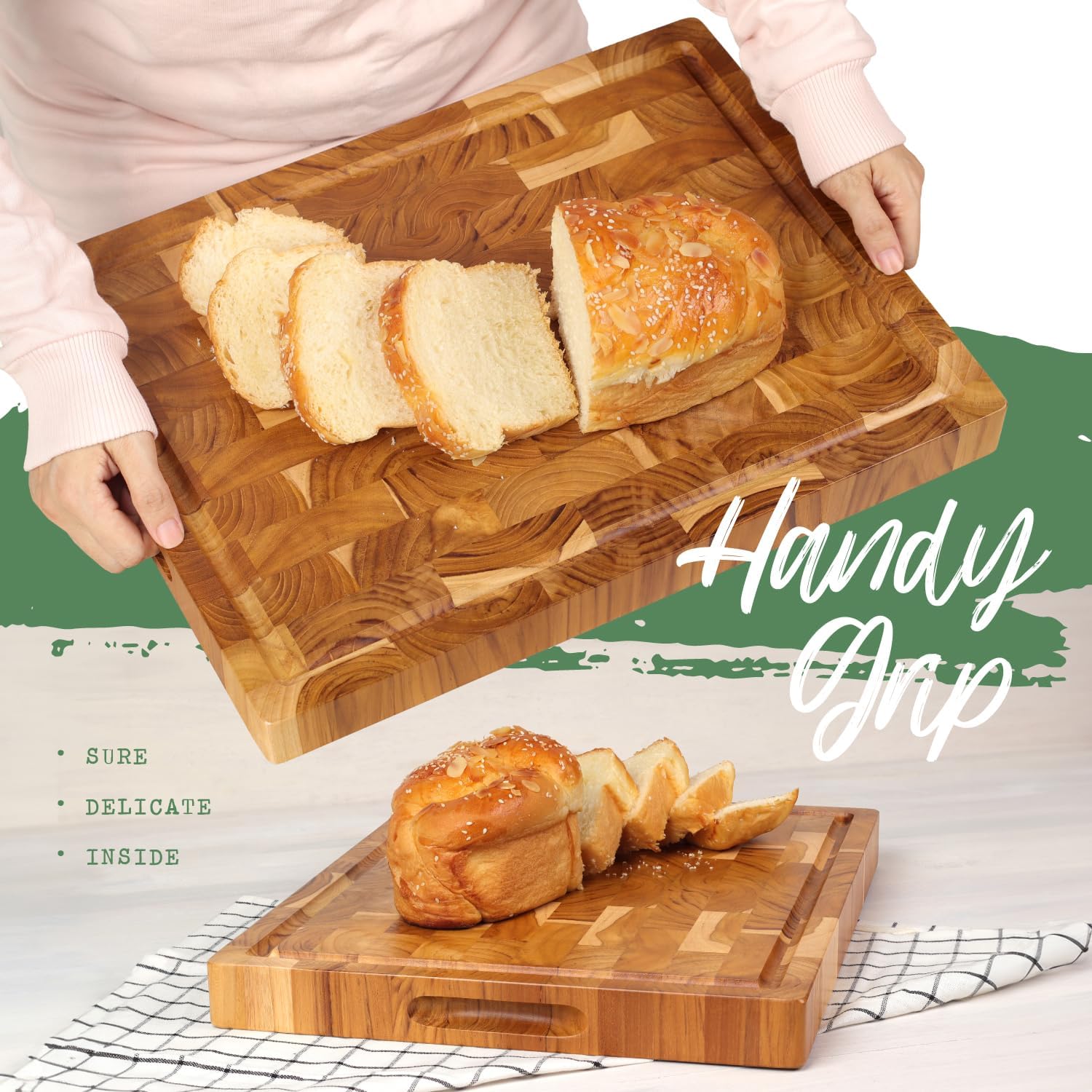 Teak Wooden Cutting Board (17x13x1.5in) End Grain Cutting Board, Butcher Block, Chopping Board - Reversible Multipurpose For Kitchen with Juice Groove & Inner Handles with Gift Box Included5