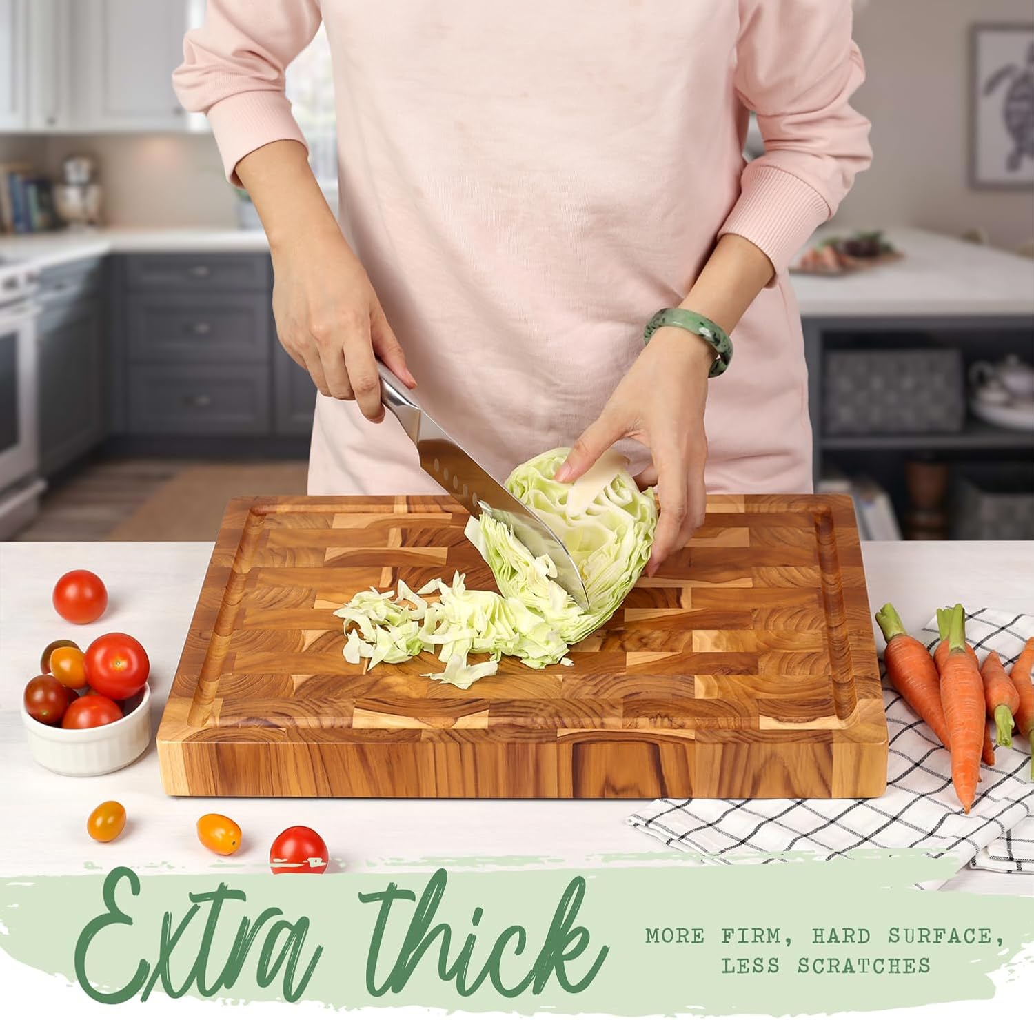 Teak Wooden Cutting Board (17x13x1.5in) End Grain Cutting Board, Butcher Block, Chopping Board - Reversible Multipurpose For Kitchen with Juice Groove & Inner Handles with Gift Box Included6