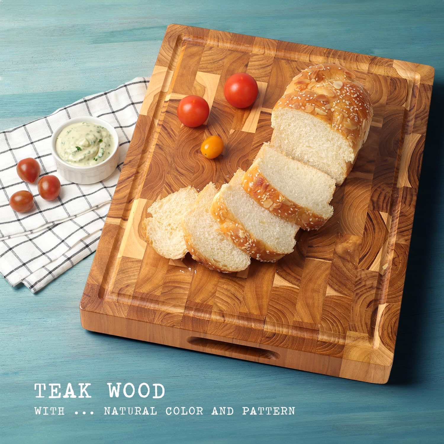 Teak Wooden Cutting Board (17x13x1.5in) End Grain Cutting Board, Butcher Block, Chopping Board - Reversible Multipurpose For Kitchen with Juice Groove & Inner Handles with Gift Box Included9