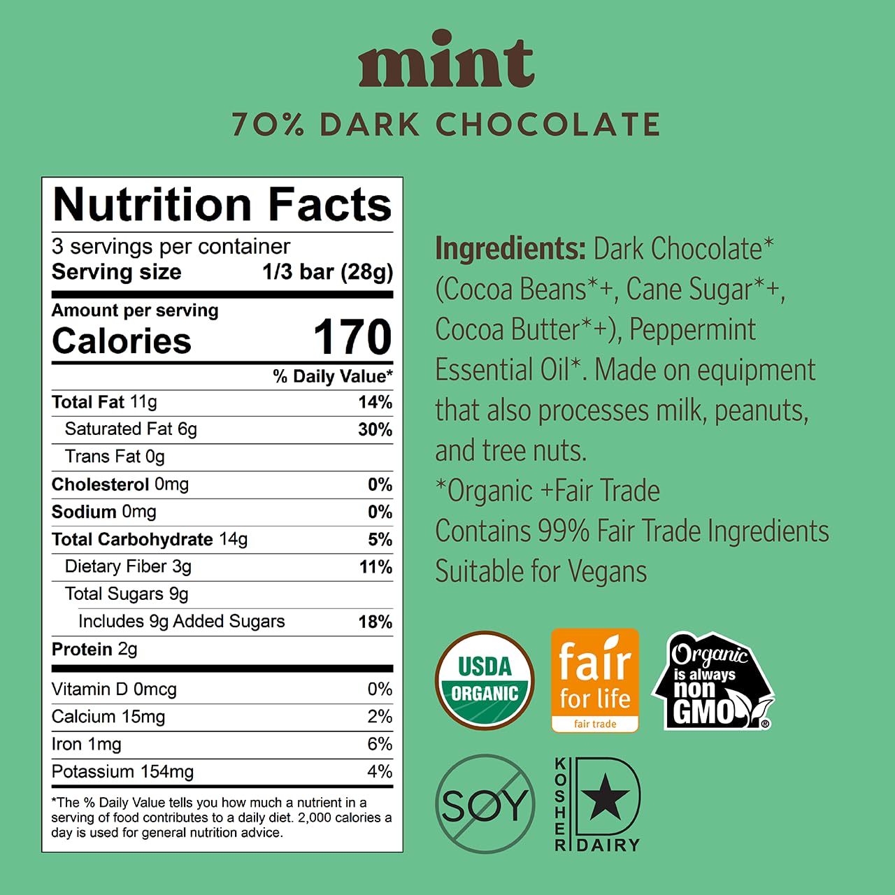 Theo Chocolate Mint Organic Dark Chocolate Bar, 70% Cacao, 12 Pack Vegan, Fair Trade1