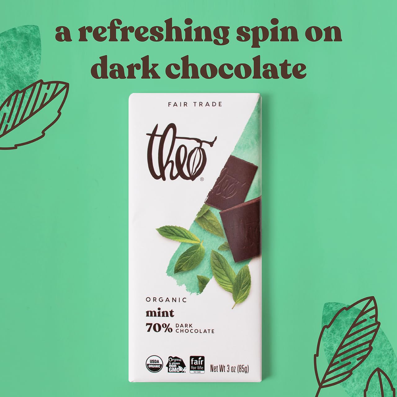 Theo Chocolate Mint Organic Dark Chocolate Bar, 70% Cacao, 12 Pack Vegan, Fair Trade3