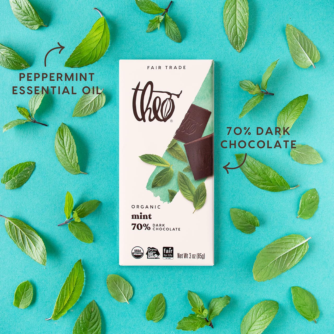 Theo Chocolate Mint Organic Dark Chocolate Bar, 70% Cacao, 12 Pack Vegan, Fair Trade56