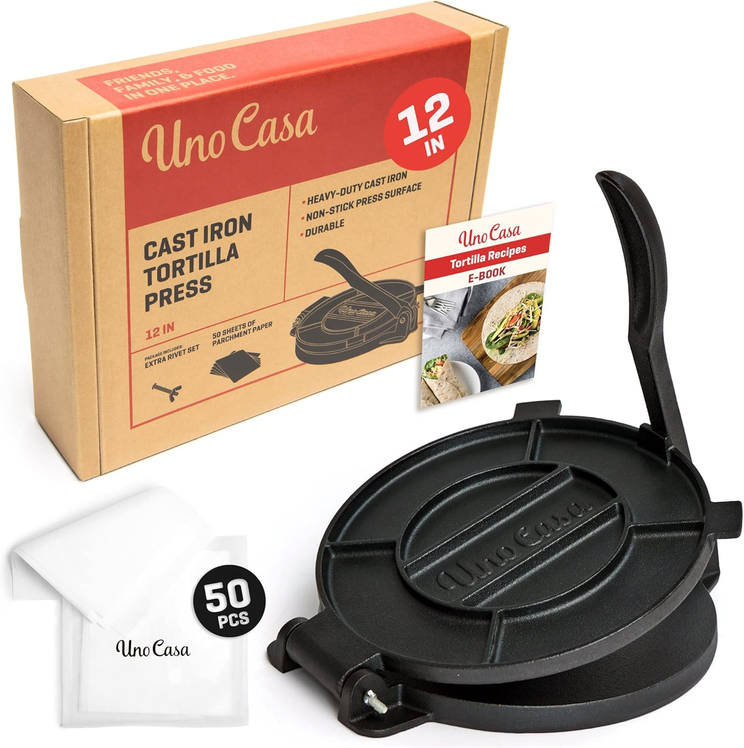 Uno Casa Tortilla Press 12 Inch Cast Iron - Heavy Duty 12 Inch Tortilla Press. Large Tortilla Press with 50 Parchment Papers - Tortilleras Mexicanas Para Hacer Tortillas Uno Casa Tortilla Press 12 Inch Cast Iron - Heavy Duty 12 Inch Tortilla Press. Large Tortilla Press with 50 Parchment Papers - Tortilleras Mexicanas Para Hacer Tortillas