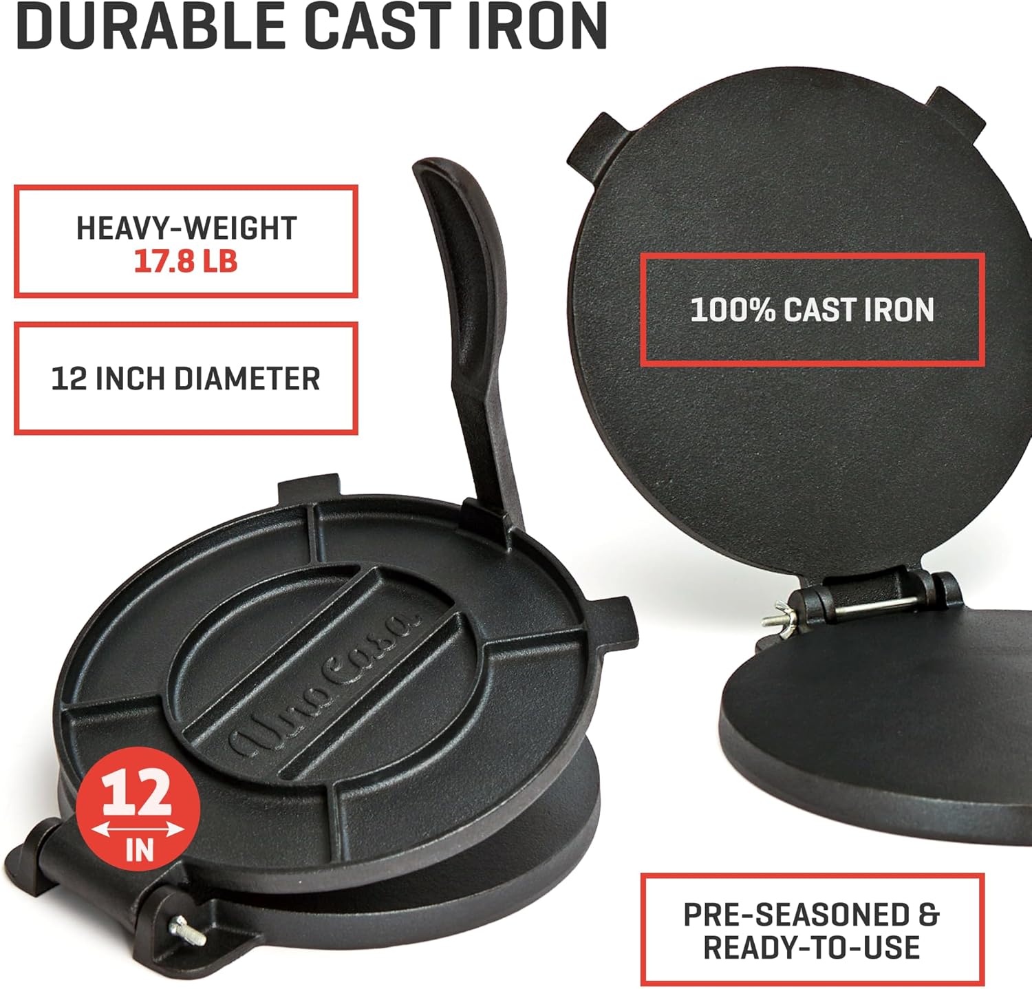 Uno Casa Tortilla Press 12 Inch Cast Iron - Heavy Duty 12 Inch Tortilla Press. Large Tortilla Press with 50 Parchment Papers - Tortilleras Mexicanas Para Hacer Tortillas1