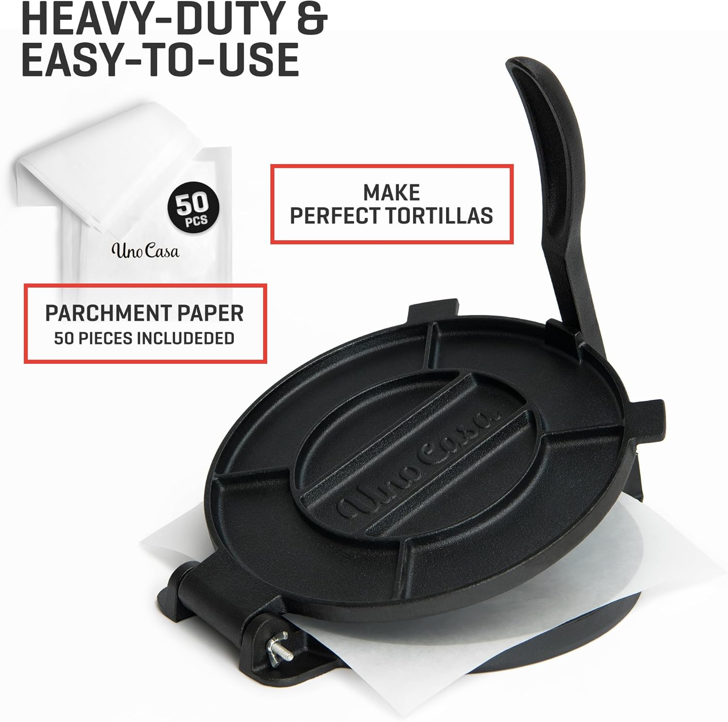 Uno Casa Tortilla Press 12 Inch Cast Iron - Heavy Duty 12 Inch Tortilla Press. Large Tortilla Press with 50 Parchment Papers - Tortilleras Mexicanas Para Hacer Tortillas2