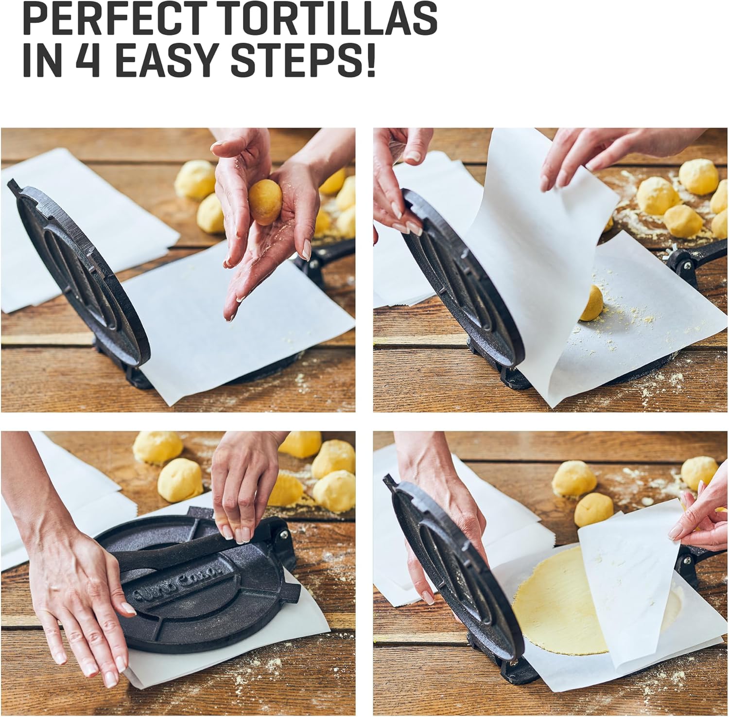Uno Casa Tortilla Press 12 Inch Cast Iron - Heavy Duty 12 Inch Tortilla Press. Large Tortilla Press with 50 Parchment Papers - Tortilleras Mexicanas Para Hacer Tortillas7
