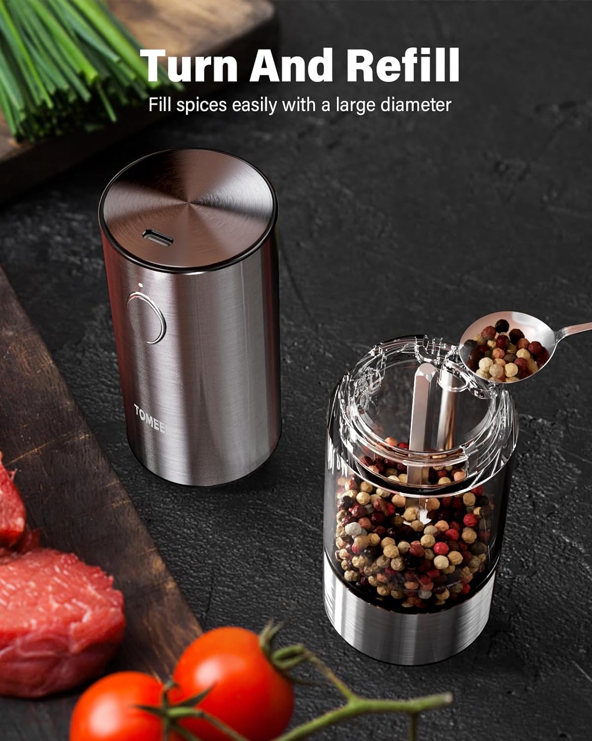 Upgraded Larger Capacity Electric Salt and Pepper Grinder Set Rechargeable with LED lights, Stainless Steel Automatic Pepper and Salt Grinder Refillable with 5 Adjustable Coarseness2