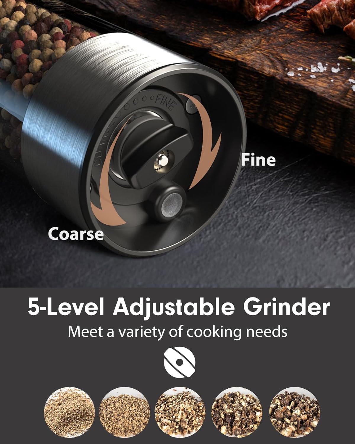 Upgraded Larger Capacity Electric Salt and Pepper Grinder Set Rechargeable with LED lights, Stainless Steel Automatic Pepper and Salt Grinder Refillable with 5 Adjustable Coarseness3