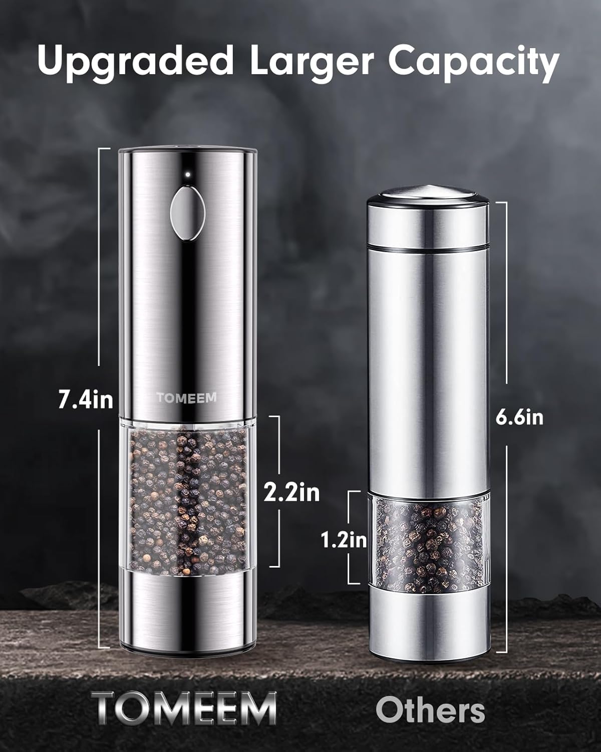 Upgraded Larger Capacity Electric Salt and Pepper Grinder Set Rechargeable with LED lights, Stainless Steel Automatic Pepper and Salt Grinder Refillable with 5 Adjustable Coarseness8