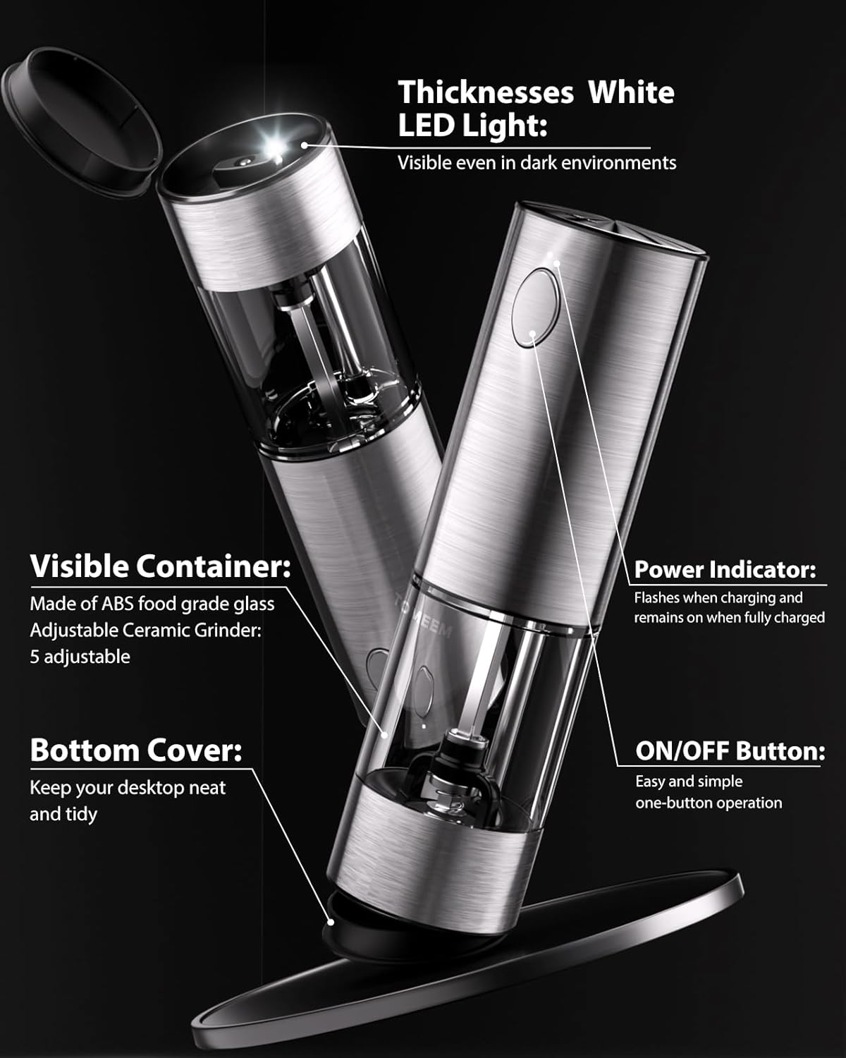 Upgraded Larger Capacity Electric Salt and Pepper Grinder Set Rechargeable with LED lights, Stainless Steel Automatic Pepper and Salt Grinder Refillable with 5 Adjustable Coarseness9