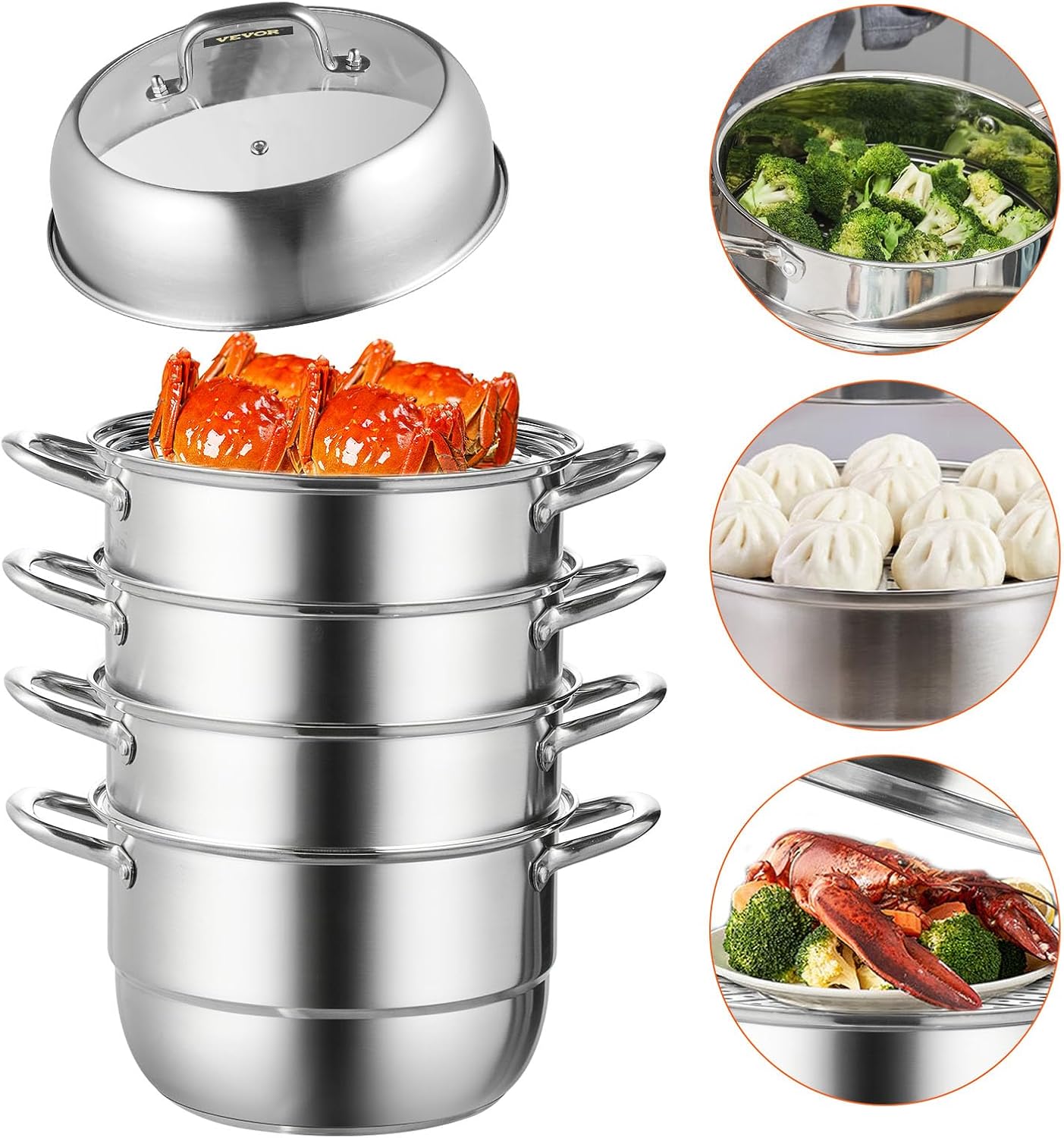VEVOR Steamer Pot 11.8in 30cm, 5 Tier Steamer Pot for Cooking with 10QT Stock Pot, 3 Vegetable Steamers & 2 Steaming Trays, Food-Grade 304 Stainless Steel Food Steamer Cookware for Gas Electric Stove-