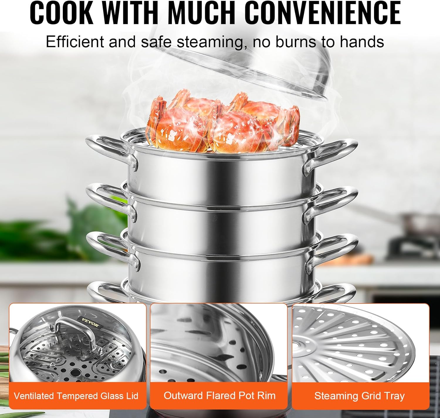 VEVOR Steamer Pot 11.8in 30cm, 5 Tier Steamer Pot for Cooking with 10QT Stock Pot, 3 Vegetable Steamers & 2 Steaming Trays, Food-Grade 304 Stainless Steel Food Steamer Cookware for Gas Electric Stove67