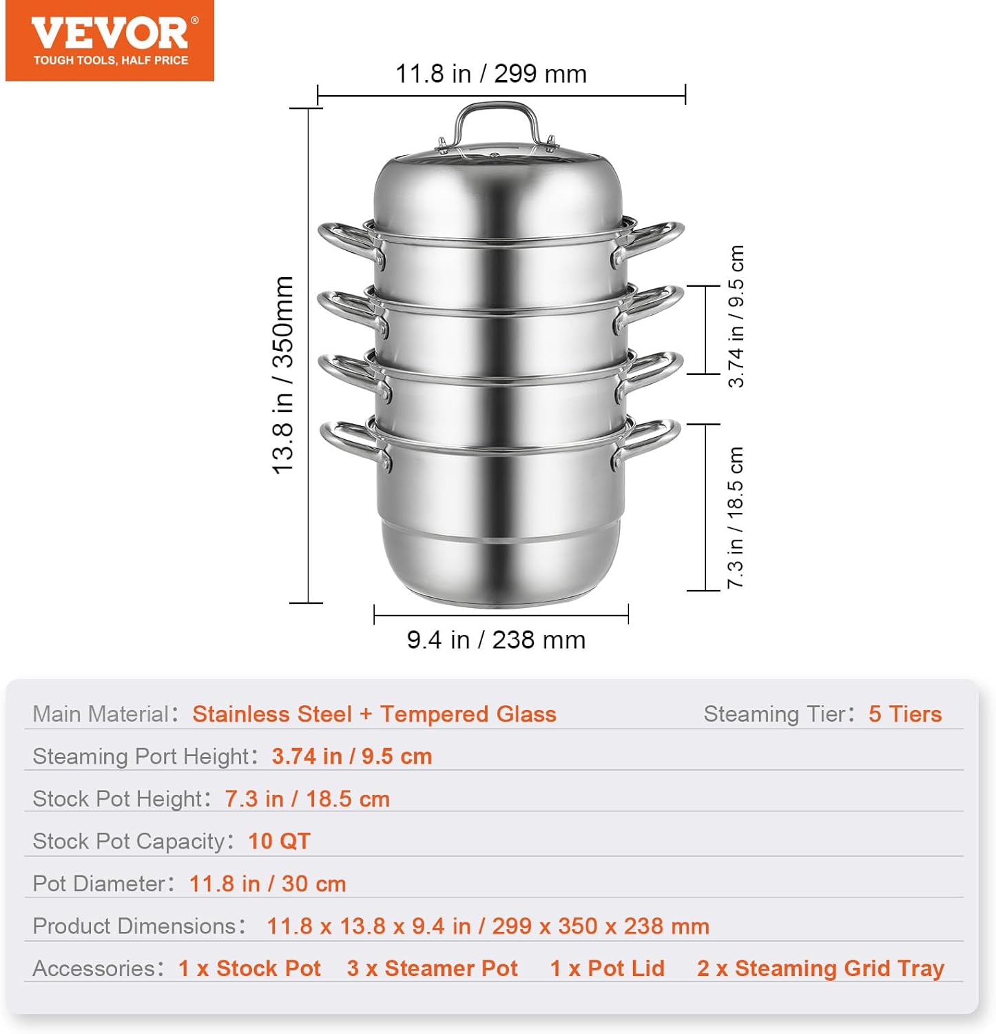 VEVOR Steamer Pot 11.8in 30cm, 5 Tier Steamer Pot for Cooking with 10QT Stock Pot, 3 Vegetable Steamers & 2 Steaming Trays, Food-Grade 304 Stainless Steel Food Steamer Cookware for Gas Electric Stove9