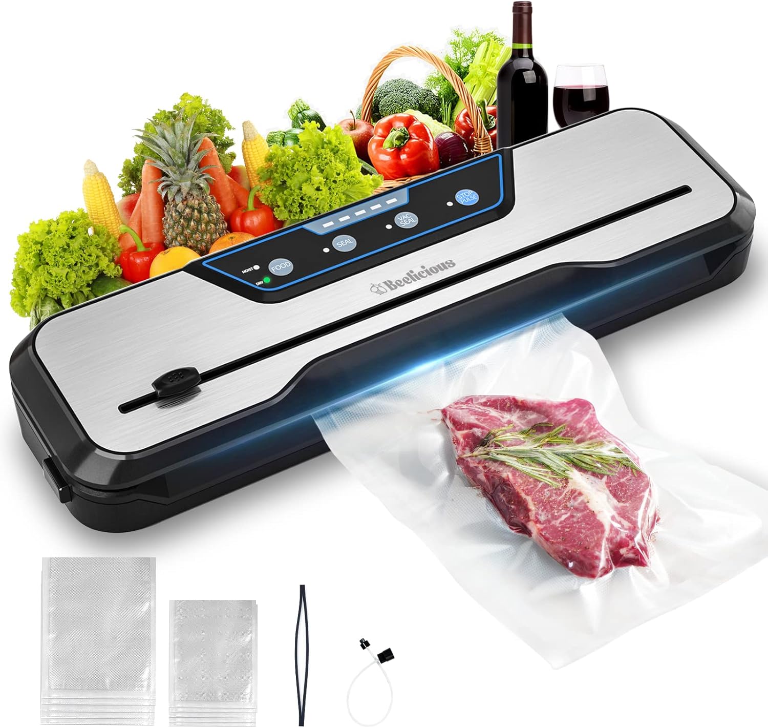 Vacuum Sealer Machine, with Starter Kit and 2-Year Warranty, Beelicious Automatic Air Sealing for Food Storage, Build-in Cutter, Moist Mode, EXT-VAC Vacuum Sealer Machine, with Starter Kit and 2-Year Warranty, Beelicious Automatic Air Sealing for Food Storage, Build-in Cutter, Moist Mode, EXT-VAC