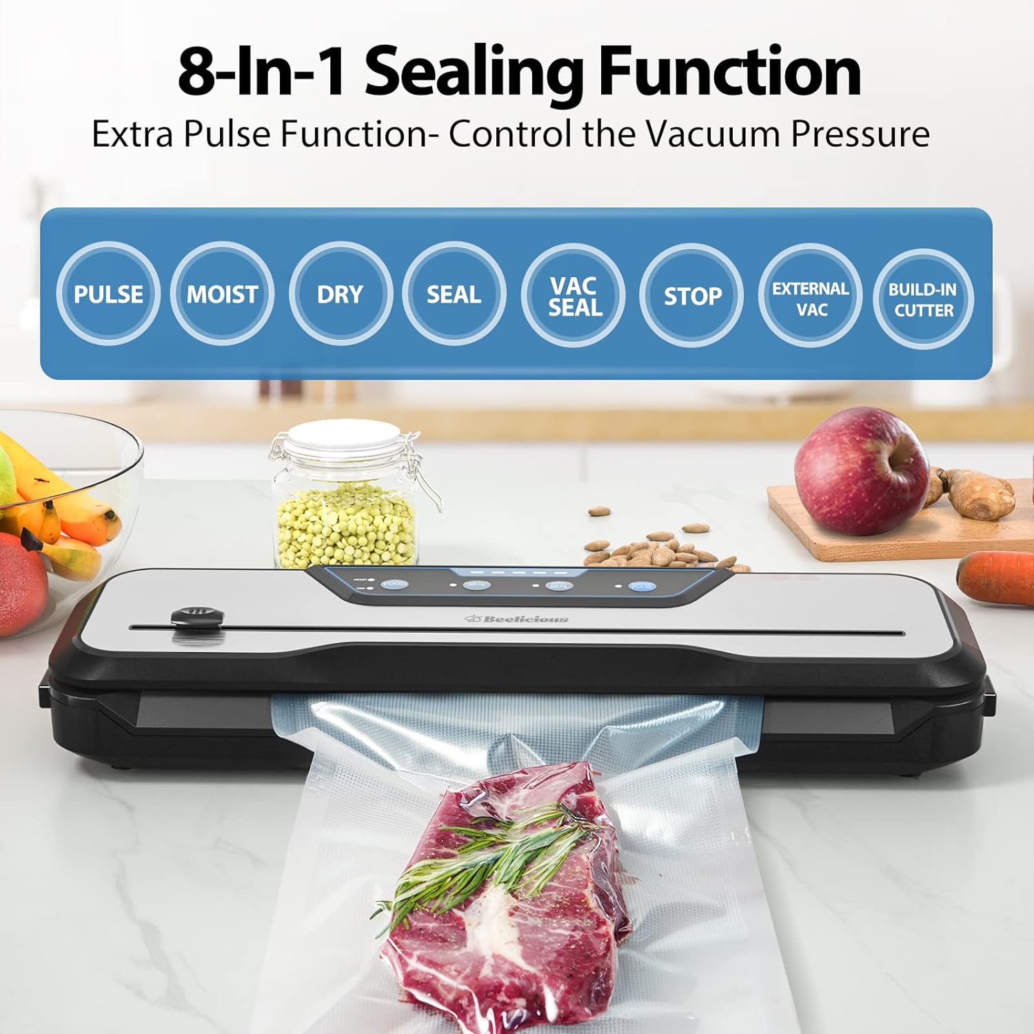 Vacuum Sealer Machine, with Starter Kit and 2-Year Warranty, Beelicious Automatic Air Sealing for Food Storage, Build-in Cutter, Moist Mode, EXT-VAC1