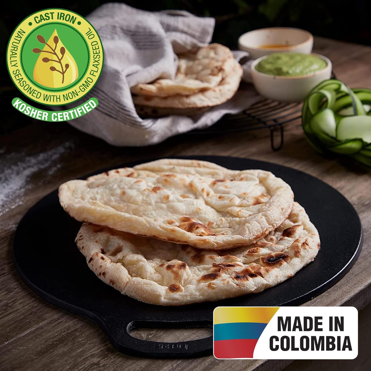 Victoria 12-Inch Cast Iron Tawa Dosa Pan, Pizza Pan with a Loop Handle, Crepe Pan Preseasoned with Flaxseed Oil, Made in Colombia1