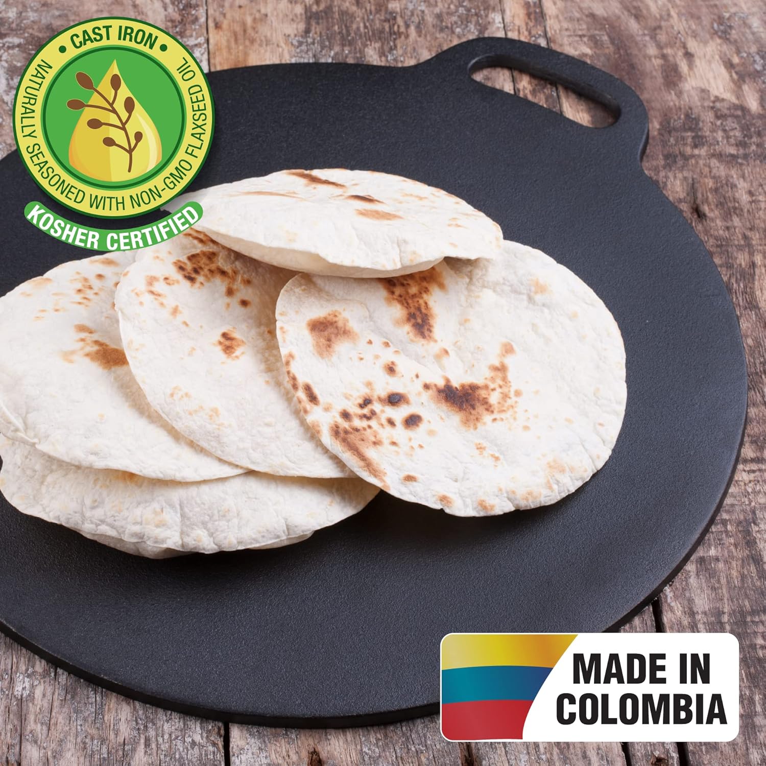 Victoria 15-Inch Cast Iron Tawa Dosa Pan, Pizza Pan with a Loop Handle, Crepe Pan Preseasoned with Flaxseed Oil, Made in Colombia`1