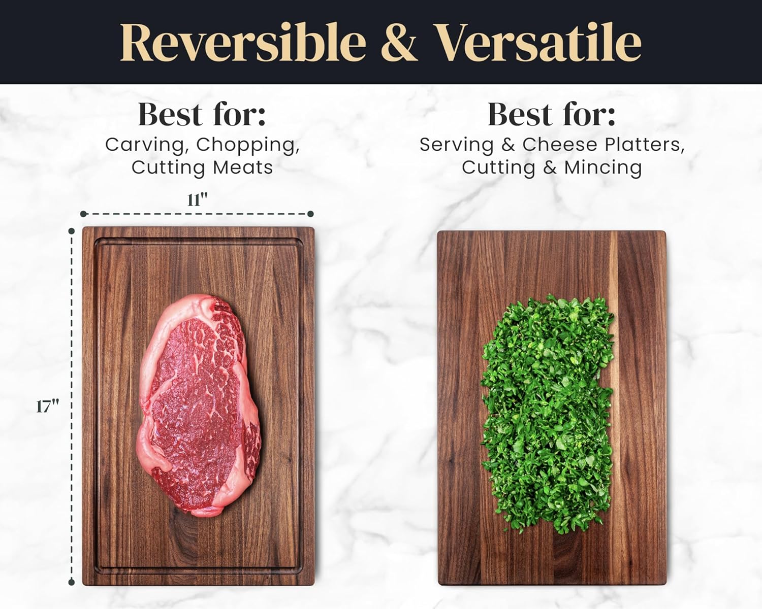 Walnut Wood Cutting Board for Kitchen, Reversible Wooden Chopping Board With Juice Grooves, Made in Canada (Walnut, 17x11x0.75)4