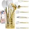 White Silicone and Gold Cooking Utensils Set with Holder - 7PC Silicone Cooking Utensils Set Includes Gold Kitchen Utensils, Gold Whisk, Gold Spatula, & Gold Utensil Holder -Gold Kitchen Accessories