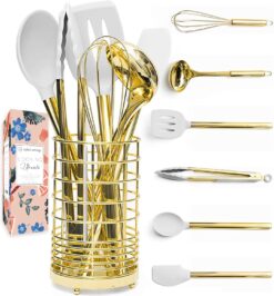 White Silicone and Gold Cooking Utensils Set with Holder - 7PC Silicone Cooking Utensils Set Includes Gold Kitchen Utensils, Gold Whisk, Gold Spatula, & Gold Utensil Holder -Gold Kitchen Accessories