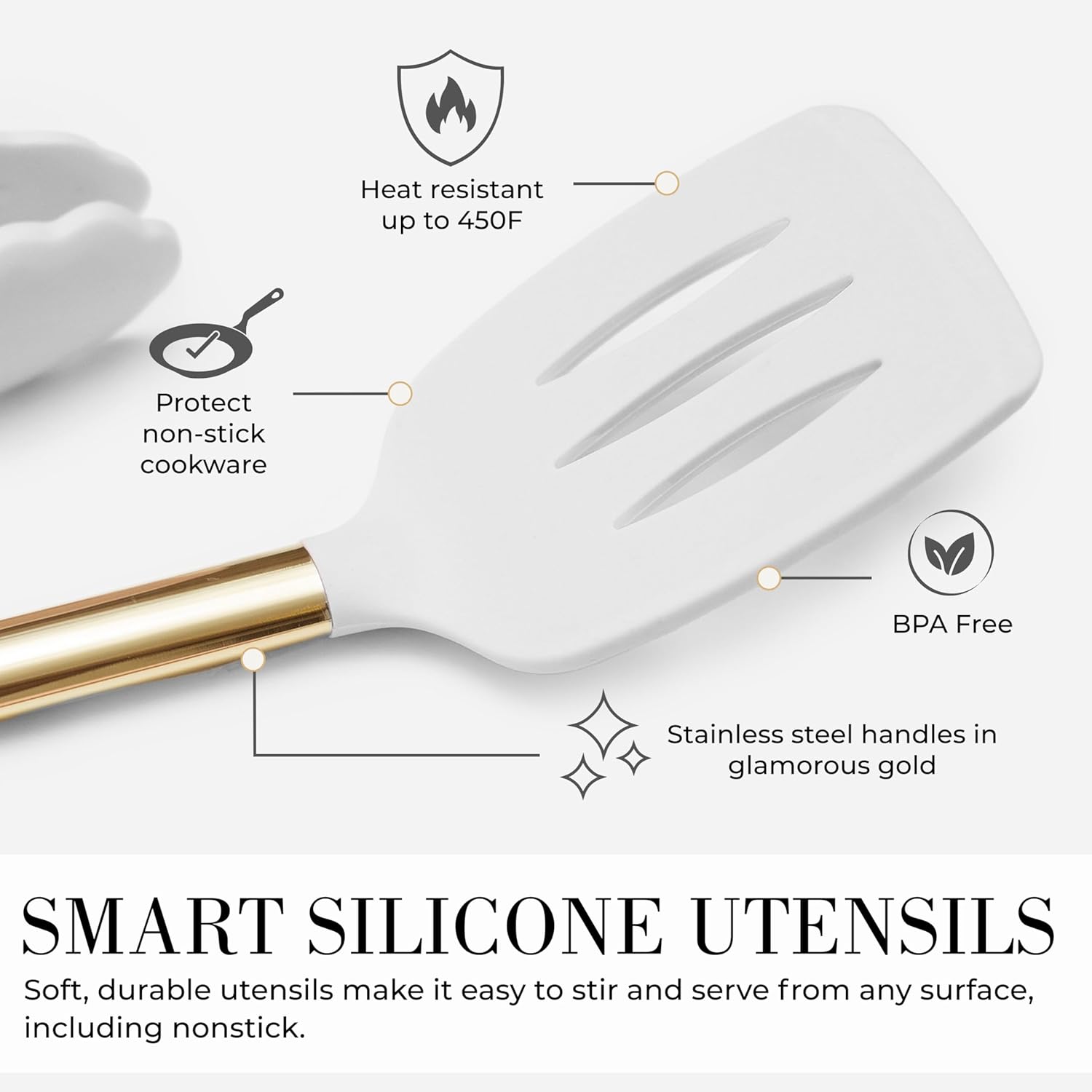 White Silicone and Gold Cooking Utensils Set with Holder - 7PC Silicone Cooking Utensils Set Includes Gold Kitchen Utensils, Gold Whisk, Gold Spatula, & Gold Utensil Holder -Gold Kitchen Accessories0