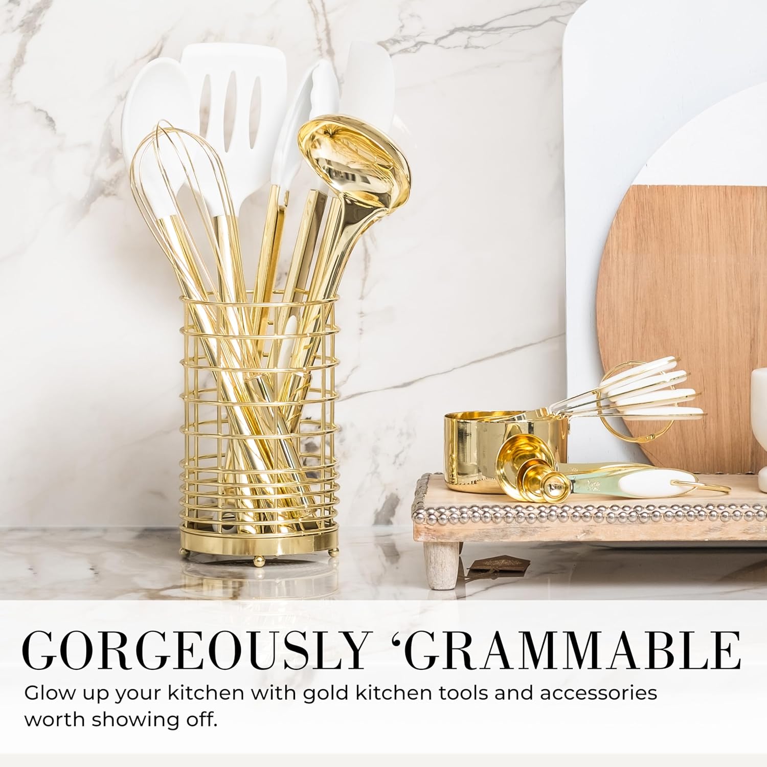 White Silicone and Gold Cooking Utensils Set with Holder - 7PC Silicone Cooking Utensils Set Includes Gold Kitchen Utensils, Gold Whisk, Gold Spatula, & Gold Utensil Holder -Gold Kitchen Accessories1