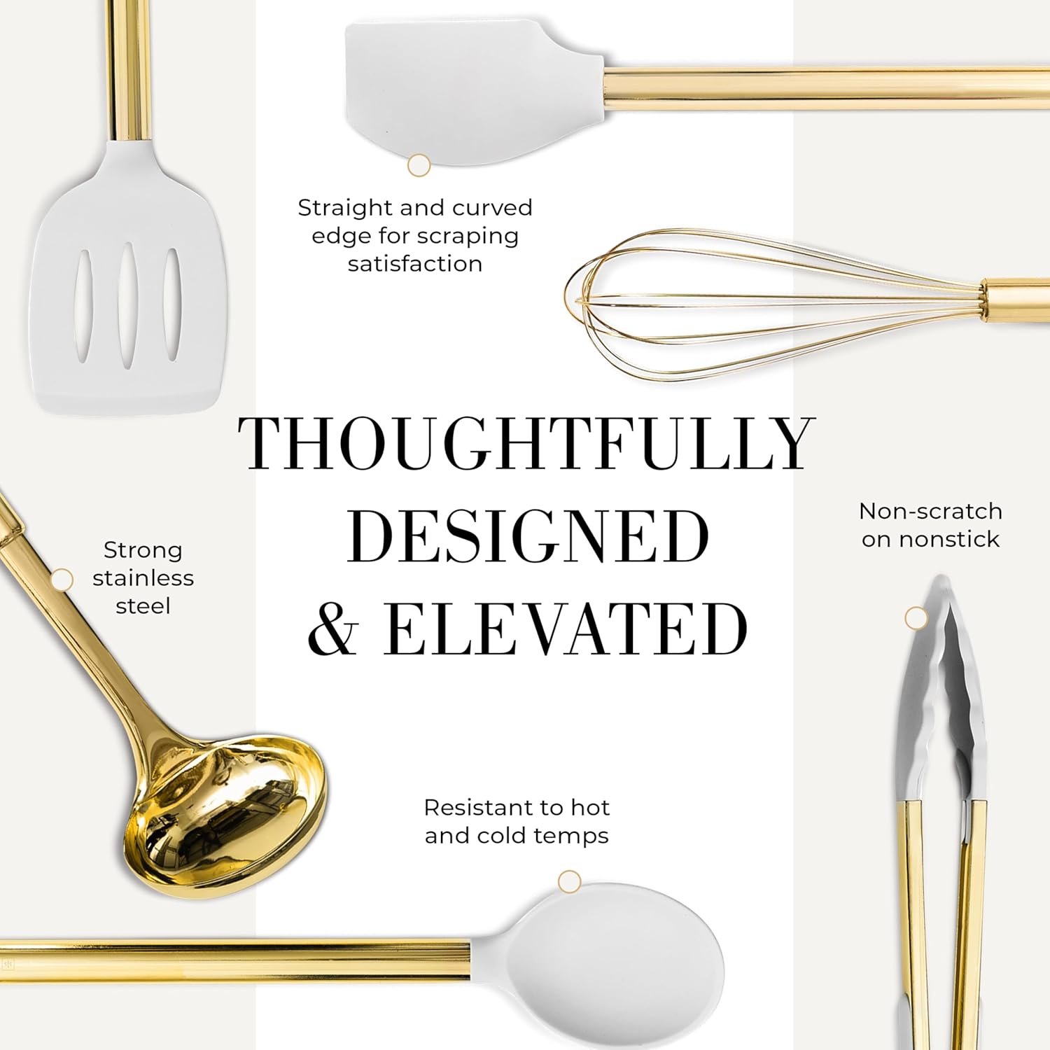 White Silicone and Gold Cooking Utensils Set with Holder - 7PC Silicone Cooking Utensils Set Includes Gold Kitchen Utensils, Gold Whisk, Gold Spatula, & Gold Utensil Holder -Gold Kitchen Accessories6