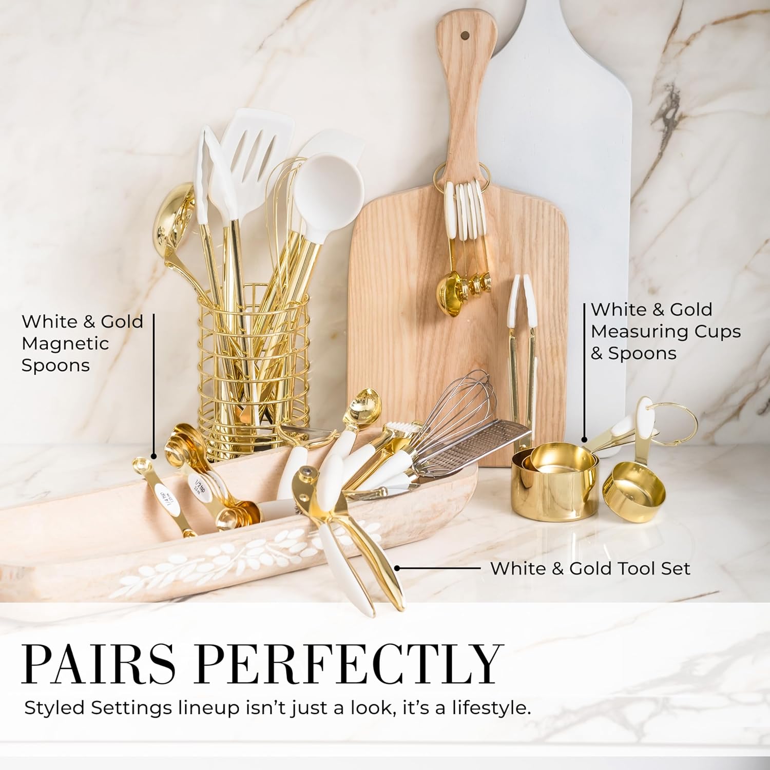 White Silicone and Gold Cooking Utensils Set with Holder - 7PC Silicone Cooking Utensils Set Includes Gold Kitchen Utensils, Gold Whisk, Gold Spatula, & Gold Utensil Holder -Gold Kitchen Accessories7