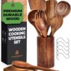 Wooden Spoons for Cooking, Wooden Cooking Utensils Set, Wooden Utensil Set with Holder, Spoon Rest & Hooks, Teak Wood Nonstick Kitchen Cookware – 8-piece set of wooden utensils with 6 metal hooks