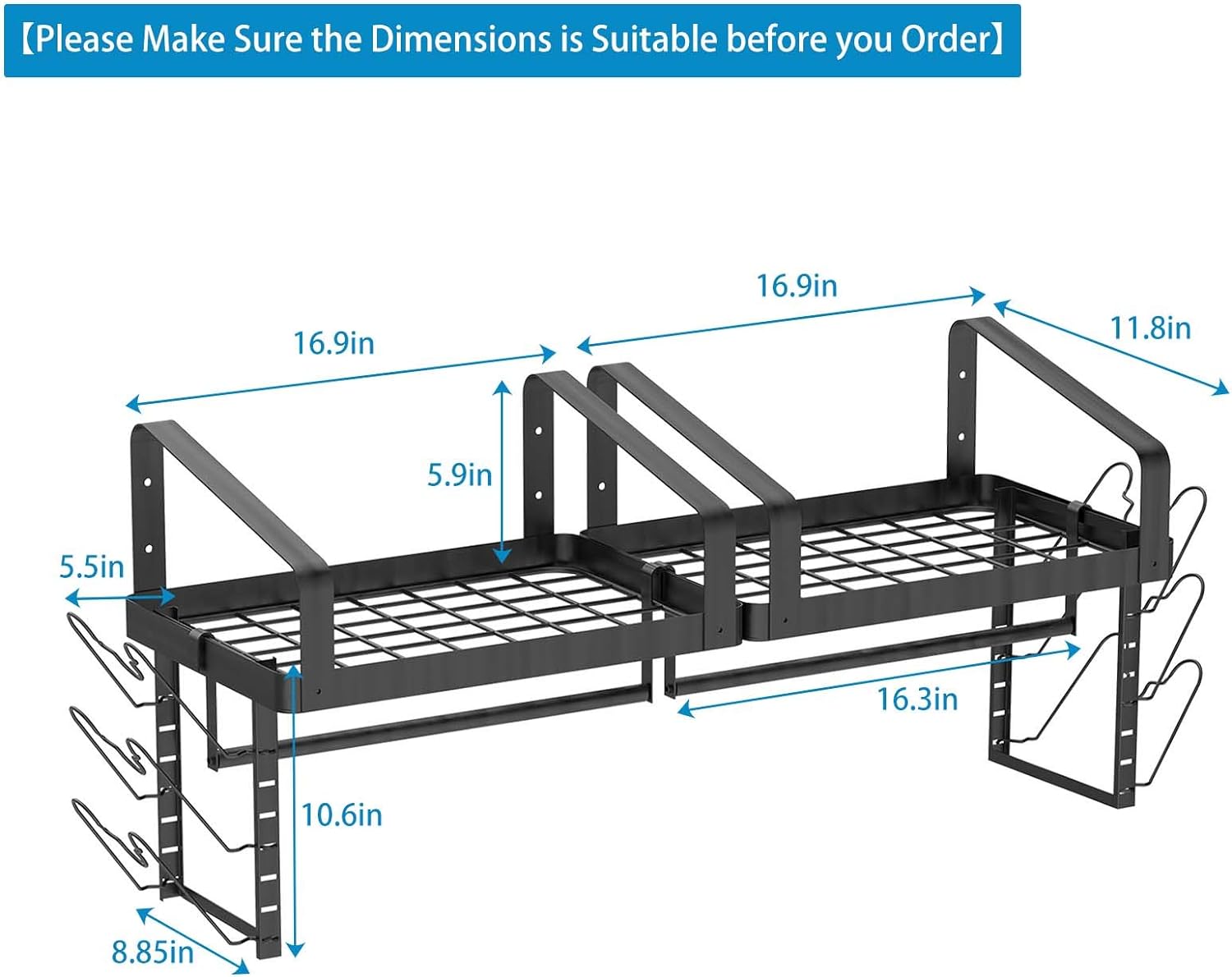 X-cosrack Pot Racks Wall Mounted Set of 2,with Towel Bar and Pots Pans Lids Organizer, Kitchen Cookware Hanging Shelves with 12 Hooks, Black-