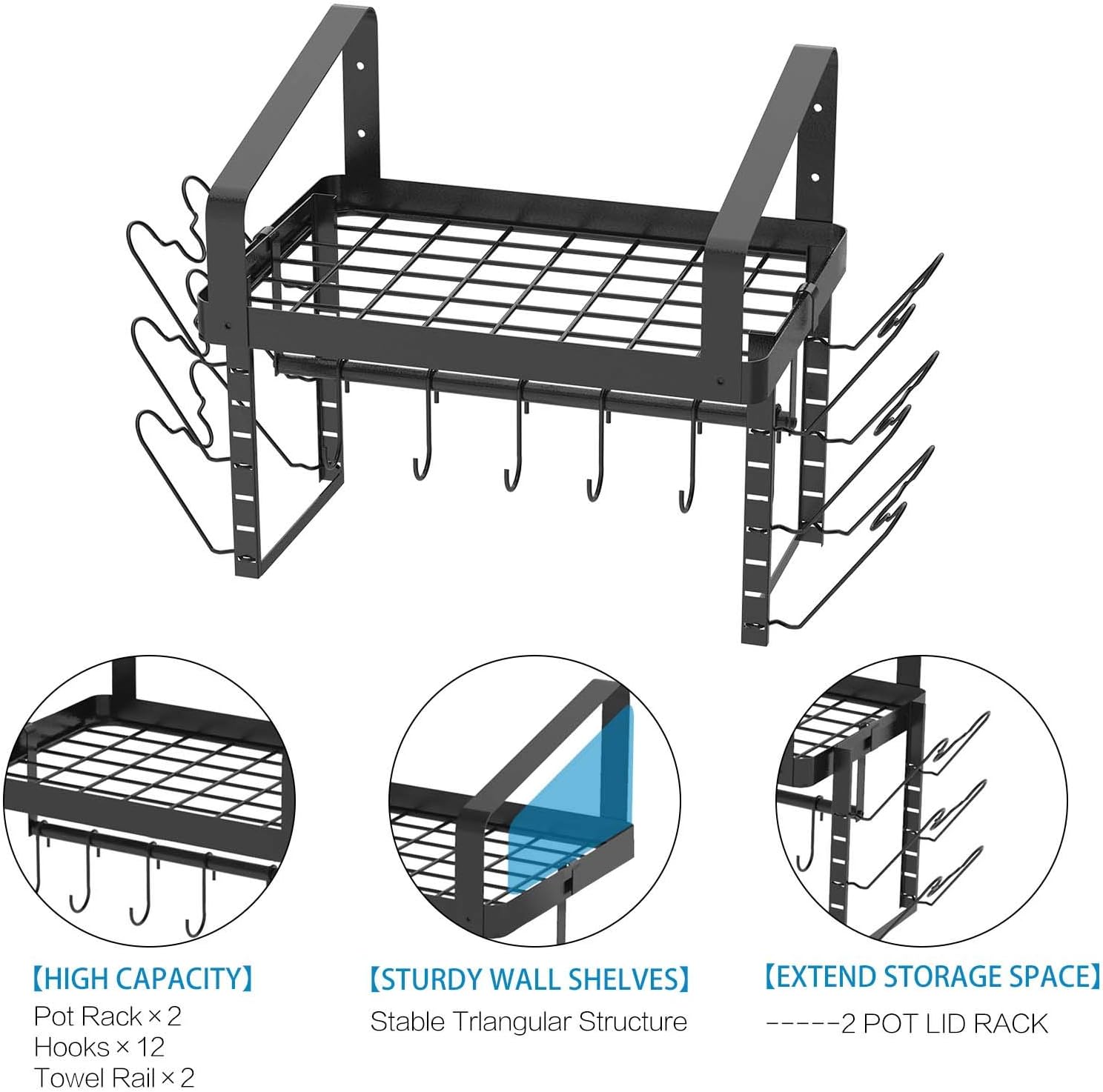 X-cosrack Pot Racks Wall Mounted Set of 2,with Towel Bar and Pots Pans Lids Organizer, Kitchen Cookware Hanging Shelves with 12 Hooks, Black9