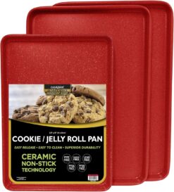 casaWare 3pc Ultimate Commercial Weight Cookie Sheet Set, Two 15 x 10-Inch Pans, One 13 x 9-Inch-Inch Pan (Red Granite)