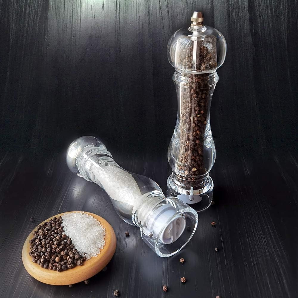 salt and pepper grinder mill set refillable large,the best transparent acrylic grinders for whole peppercorn and himalayan salt12