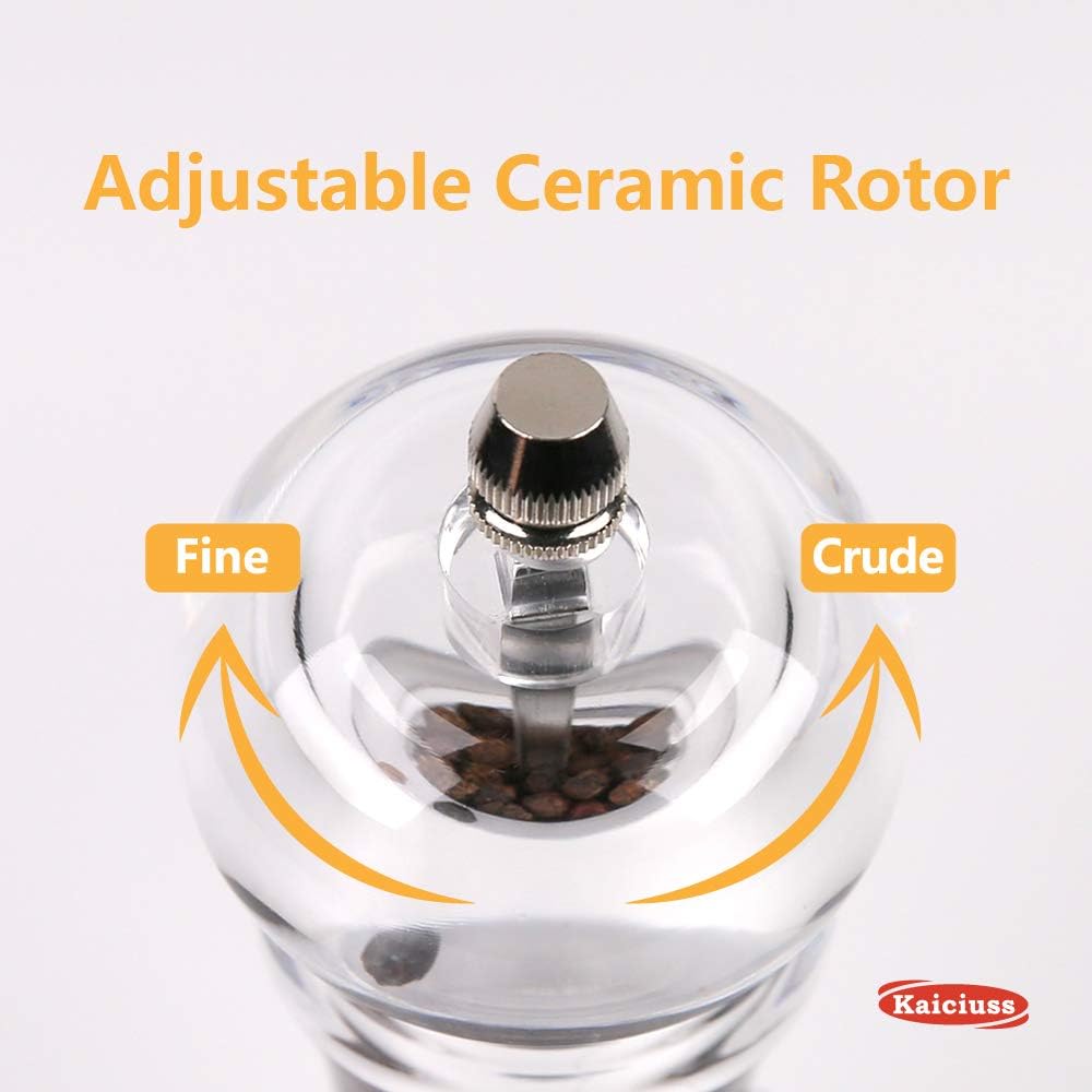 salt and pepper grinder mill set refillable large,the best transparent acrylic grinders for whole peppercorn and himalayan salt6