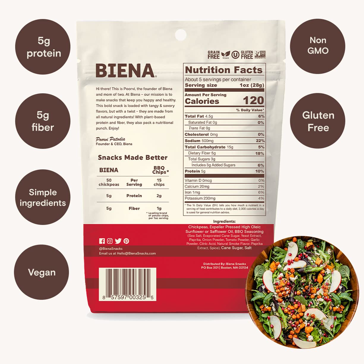 BIENA Chickpea Snacks - Crunchy Roasted Chickpeas - High Fiber Vegan Protein Snacks for Adults and Kids - 8-Pack, 5 Ounce - Barbecue1