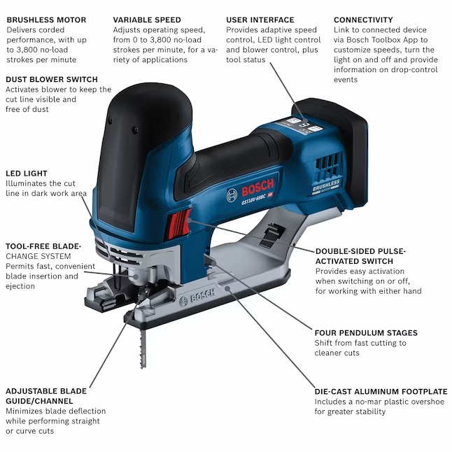 Bosch 18-volt Brushless Variable Keyless Cordless Jigsaw (Battery and Charger Not Included)1_11zon