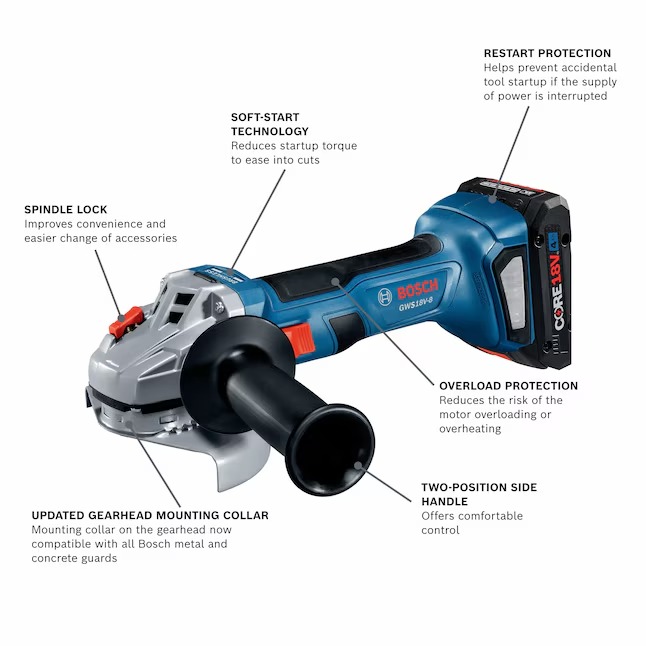 Bosch 4.5-in 18-volt 4 Amps Sliding Switch Brushless Cordless Angle Grinder (1-Battery and Charger Included)1_11zon