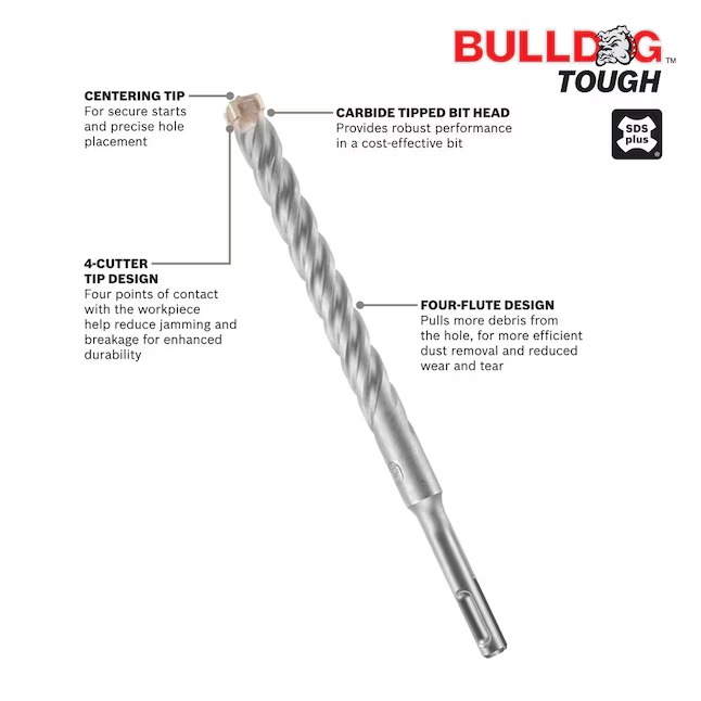 Bosch Bulldog Tough 4-Cutter 1-in x 10-in Alloy Steel Masonry Drill Bit for Sds-plus Drill1_11zon