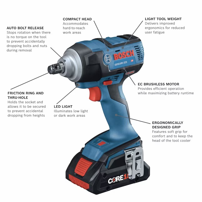 Bosch GDS18V-221B25 4-Amp 18-volt Variable Brushless 1 2-in square Drive Cordless Impact Wrench (2 Batteries and Charger Included)1_11zon