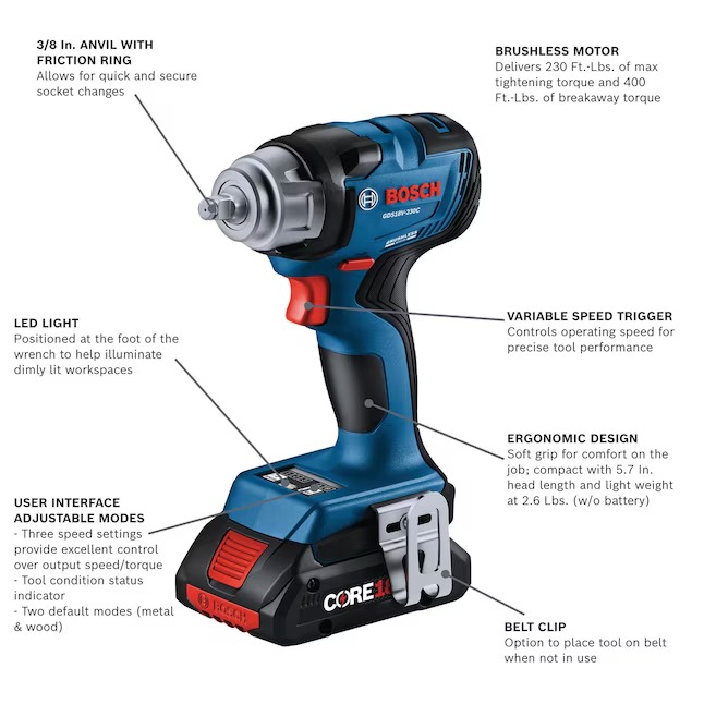 Bosch GDS18V-230CB24 4-Amp 18-volt Variable Brushless 3 8-in Drive Cordless Impact Wrench (Battery and Charger Included)1_11zon