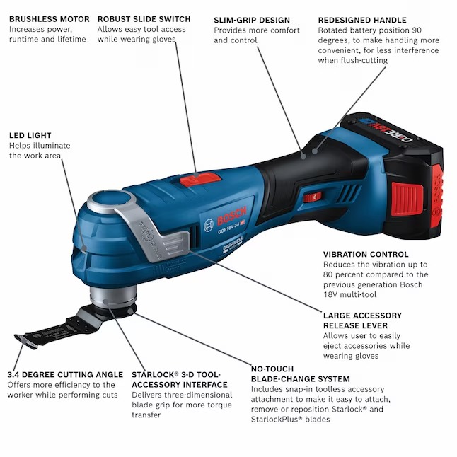 Bosch GOP18V-34B14 Starlock 18-volt Cordless Brushless 4-Amp Variable 10-Piece Oscillating Multi-Tool Kit with Soft Case (1-Battery Included)1_11zon