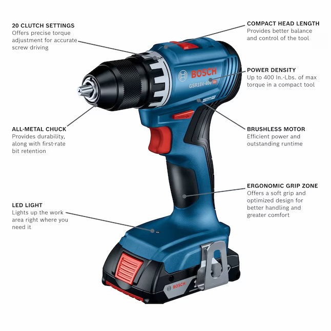 Bosch GSR18V-400B12 18-volt 1 2-in Keyless Brushless Cordless Drill (1-Battery, Charger and Soft Bag included)1_11zon